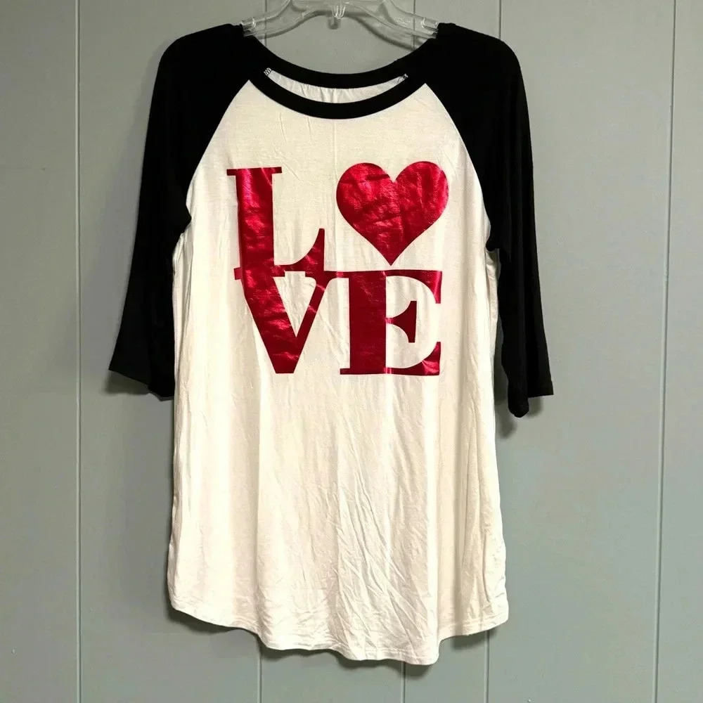 Red Metallic “Love” Block on White Raglan Tee Black Sleeves Oversize Size Small